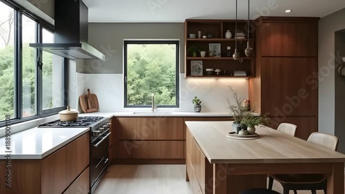 Modern kitchen interior with dining area