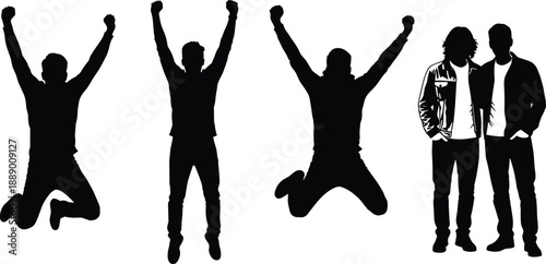 Group of male silhouettes jumping celebrating success and friendship isolated vector illustration energetic people poses lifestyle urban style