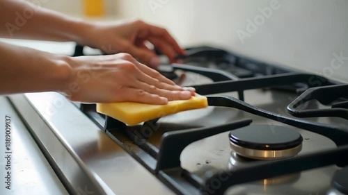 Cleaning a gas stove with a yellow sponge