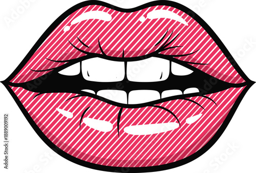 Pop art striped lips biting teeth bold comic style mouth illustration beauty makeup fashion vector sticker design