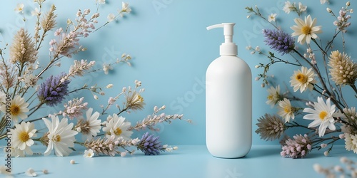 A white plastic mockup bottle designed for shampoo or shower gel, along with a dispenser, and a glass container for cream.