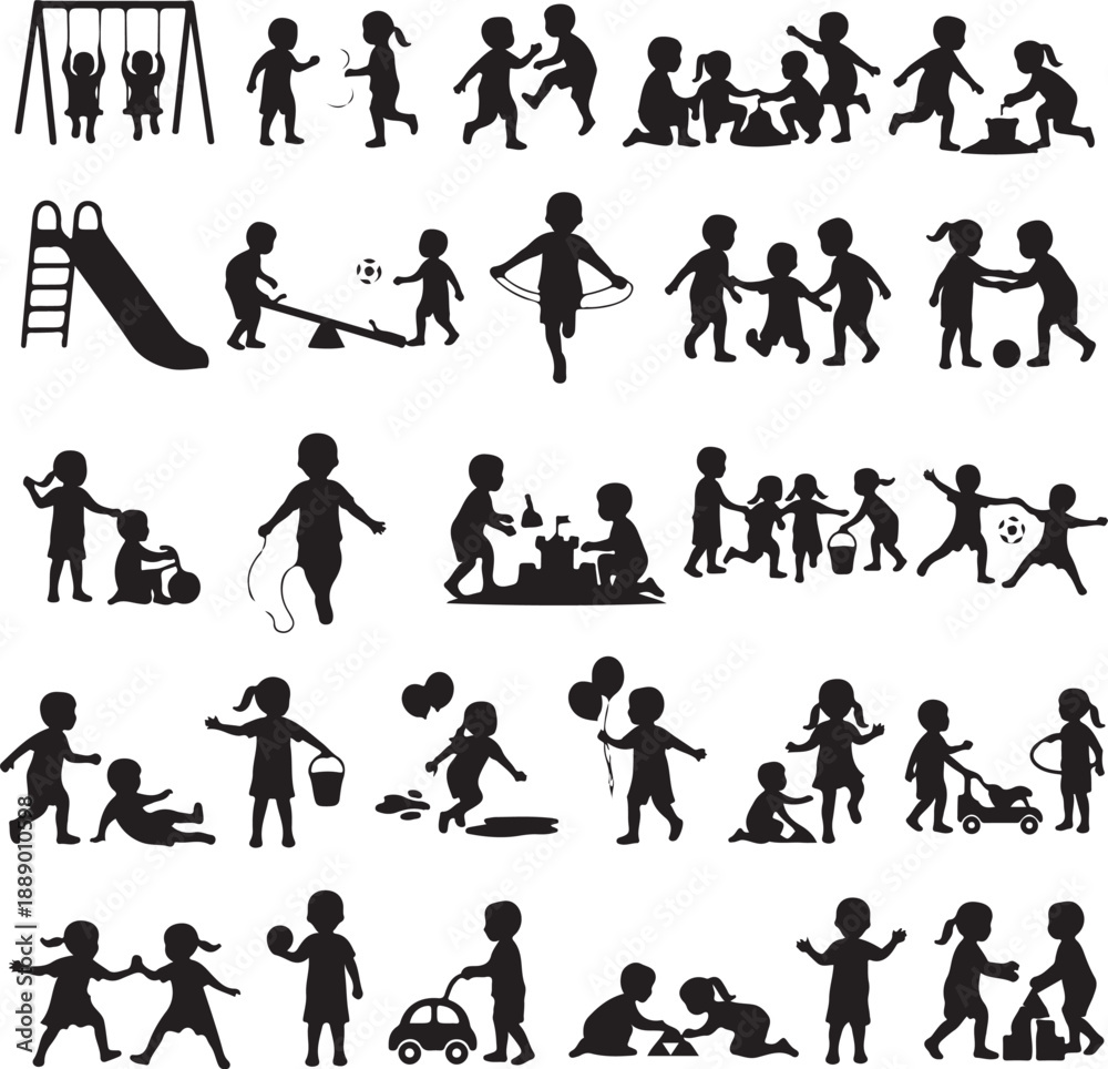 Fototapeta premium Black silhouette children playing icons.
