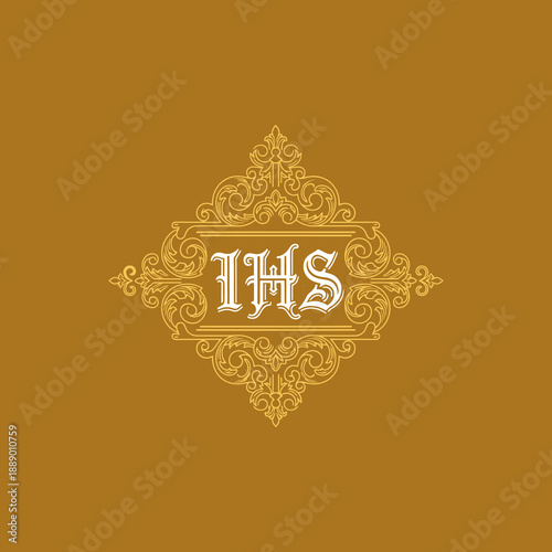 IHS Monogram in Ornate Frame on Gold Background.
