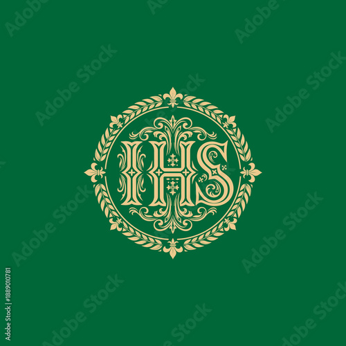 IHS Monogram in Ornate Gold Frame on Green Background.