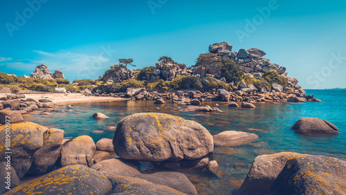 The Pink Granite Coast, Brittany, France. Ocean View On A Sunny Spring Day.