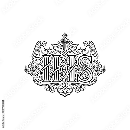 IHS Monogram with Angels and Ornate Filigree Design.