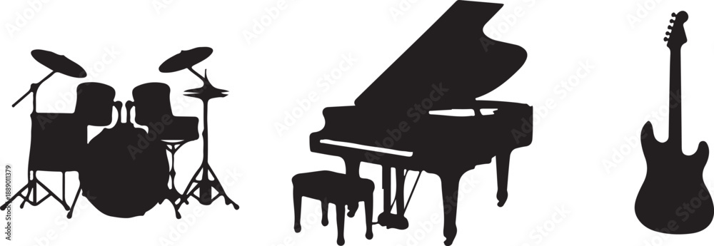 Obraz premium Black silhouette guitar, drum, piano icons.