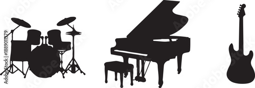 Black silhouette guitar, drum, piano icons.