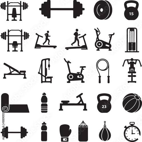 Black silhouette gym equipment icons