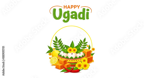 Happy Ugadi Celebration with Fruits and Flowers