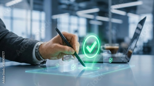 Businessman hand touching digital project approval interface with green checkmark, electronic compliance verification checklist concept and quality control validation management in office.