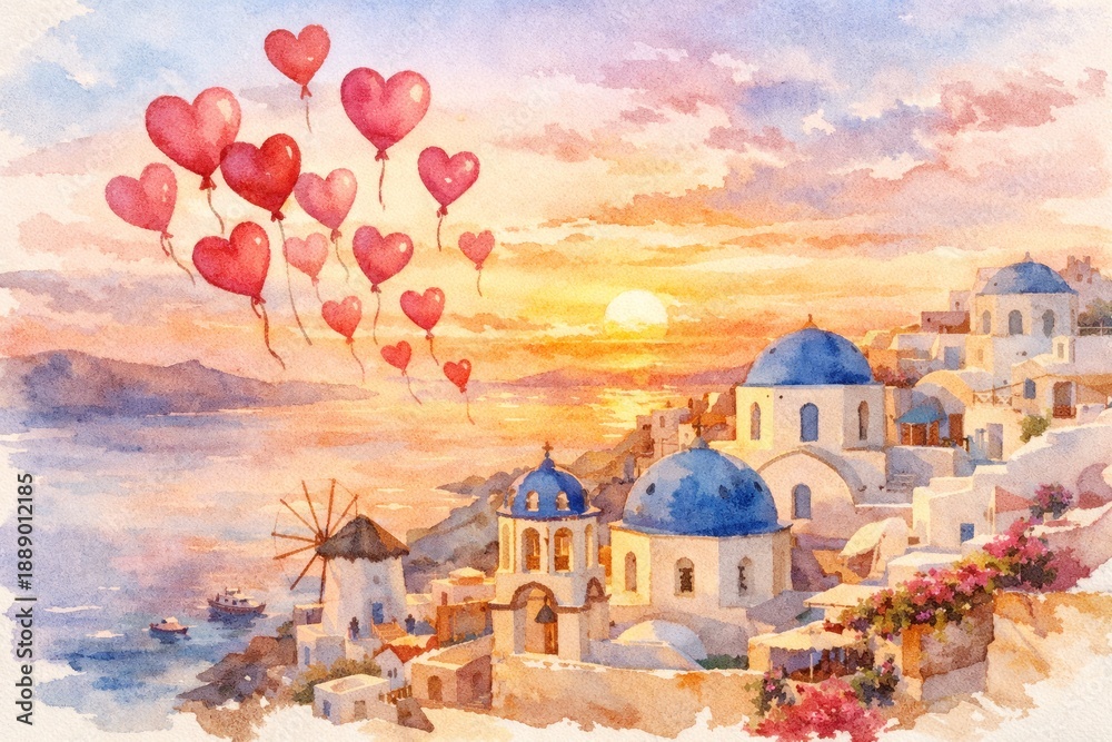 Fototapeta premium Romantic watercolor sunset over Santorini village with blue domes and heart balloons
