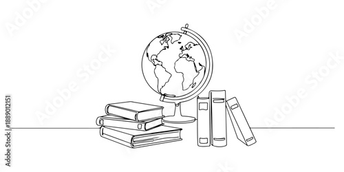Continuous one line of a globe and books on a home desk, symbolizing world education in homeschooling, drawn vector illustration.