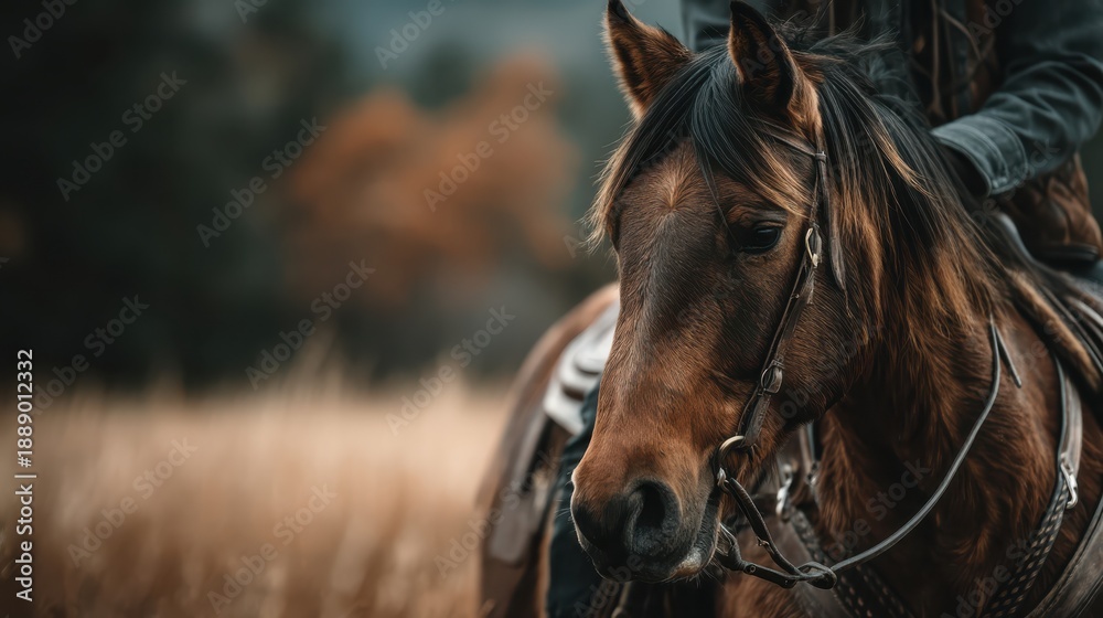 Fototapeta premium A horse nuzzling its rider in a golden field at sunset.