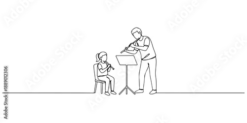 Continuous one line of a parent teaching music to a child at home, representing arts in homeschooling, drawn vector illustration.