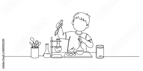 Continuous one line of a child doing science experiments in the kitchen, representing hands-on learning at home , drawn vector illustration.