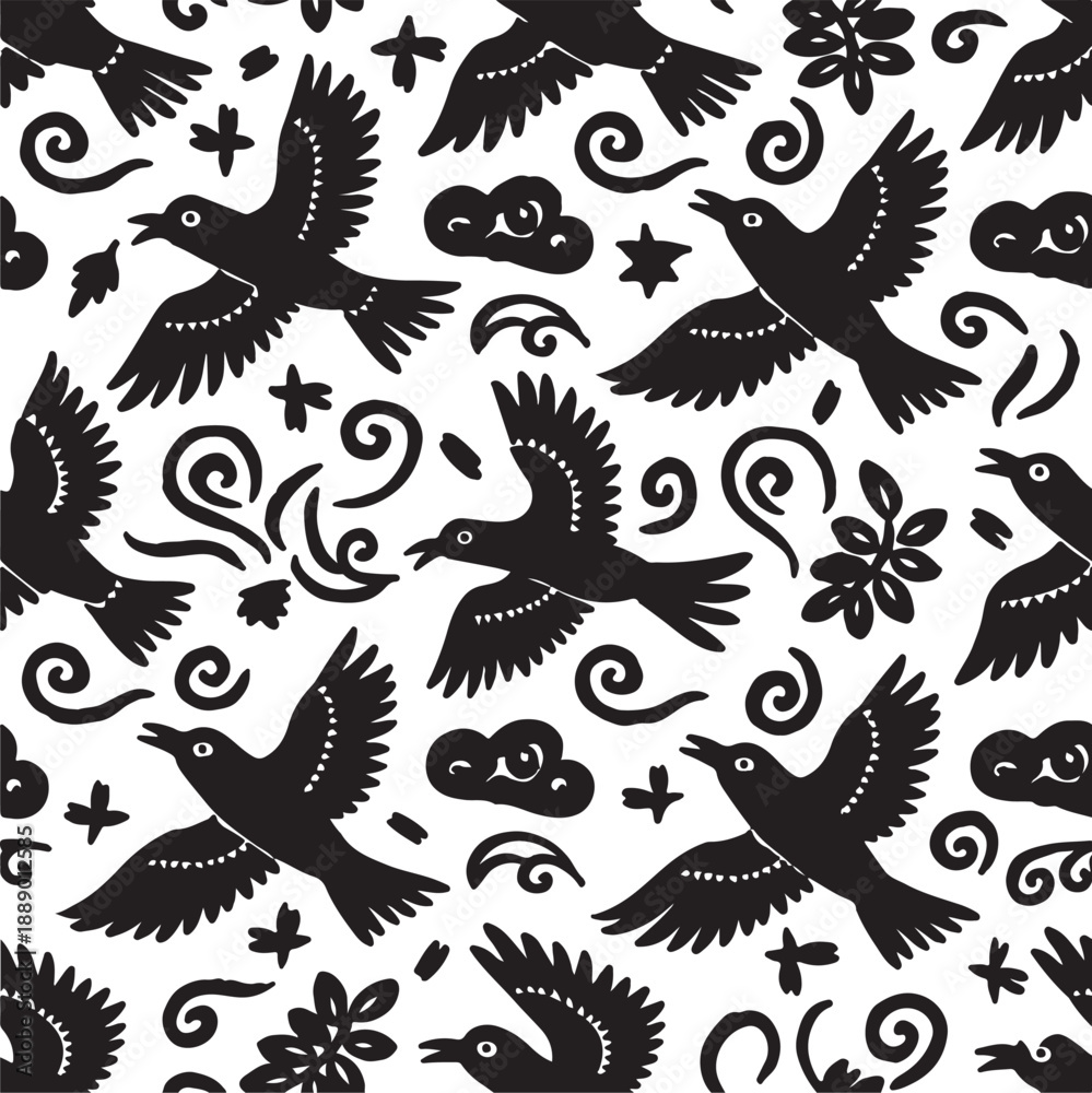Obraz premium Seamless folk embroidery flying bird surface pattern