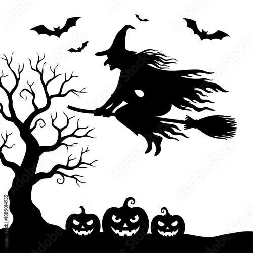 Witch flying on broomstick with pumpkins