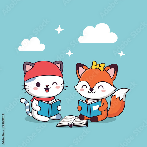 Cat and Fox Reading Books Together