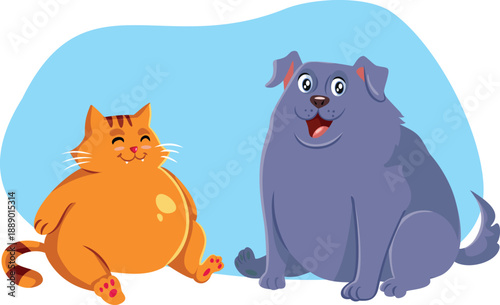 Overweight Pet Animals Smiling Together Vector Illustration.  Two domestic pets being friends and suffering from obesity
