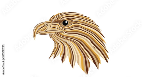 Close-up of a stylized eagle head with brown and gold feathers against a white background.