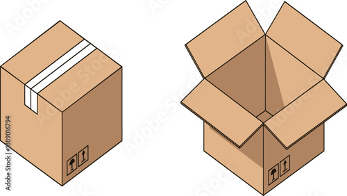 Cardboard box icons, open and closed packaging symbols, fragile handling signs, shipping container illustration for logistics and delivery design