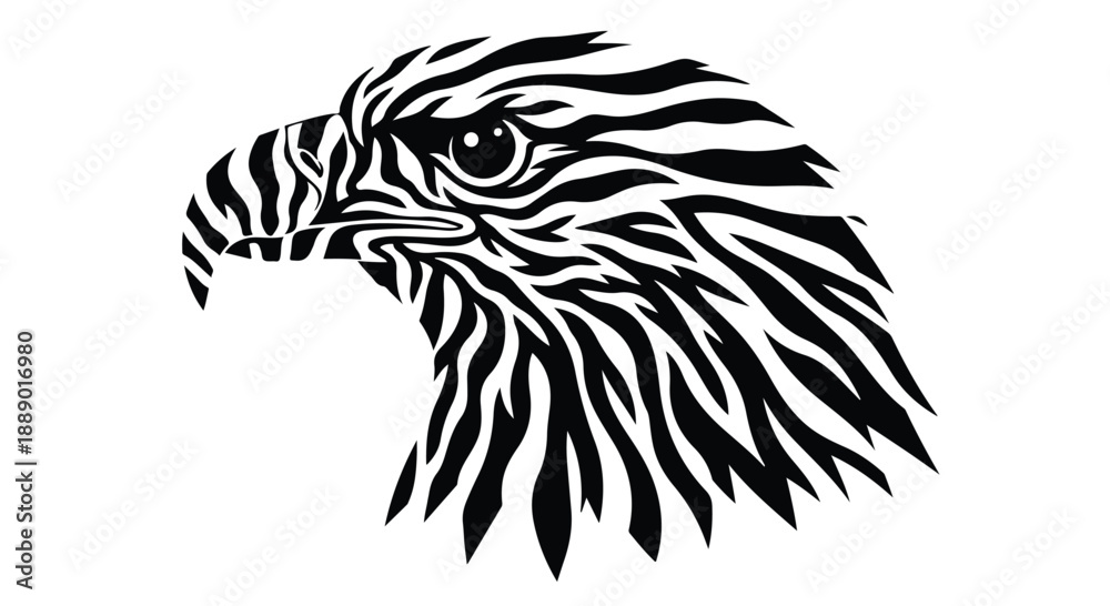 Fototapeta premium Black and white illustration of a zebra-patterned eagle head in profile against a clean white background.