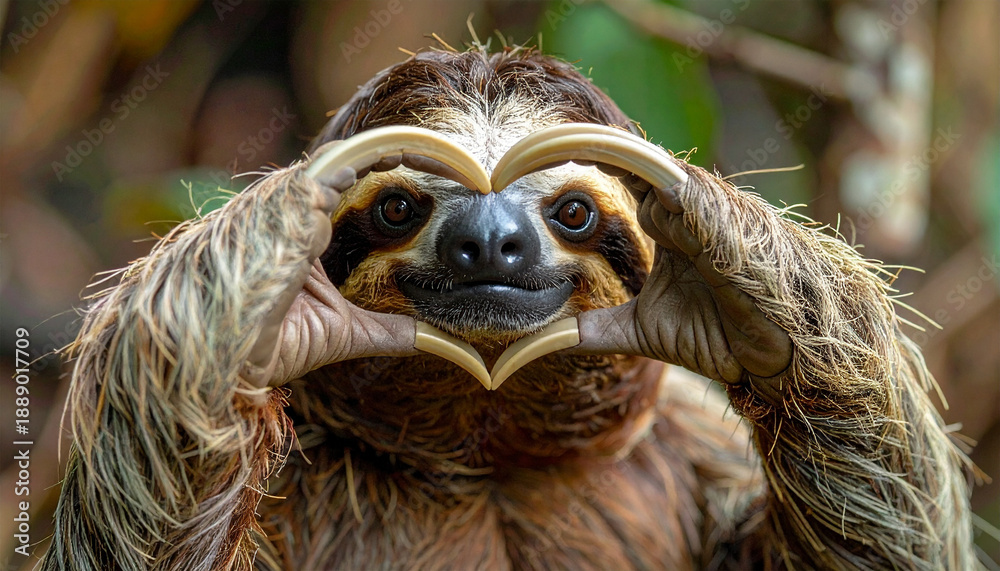 Obraz premium Faultier formt mit seinen Händen vor seinem Gesicht ein Herz