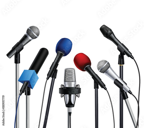 Journalism microphones podium isolated realistic reporting communication media illustration vector