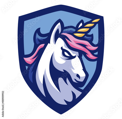 Wallpaper Mural Majestic Unicorn Emblem: A regal unicorn, adorned with a spiral horn and flowing mane, stands proudly within a protective shield, an emblem of strength and mystique. Torontodigital.ca