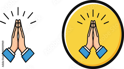 Cartoon style praying hands icon with gratitude gesture, emoji expression, spiritual symbol, isolated and circular background variation, vector illustration