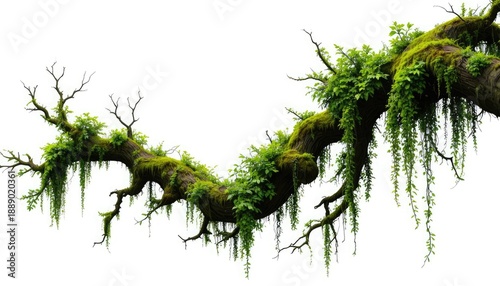 Ancient gnarled tree branch covered in moss and hanging vines