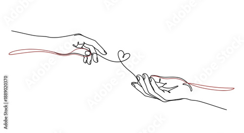 Abstract Single Drawing of Hands Connecting with a Red Heart Symbol