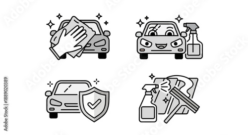 Car Wash and Cleaning Service Icons: Washing, Polishing, Protection, and Detailing