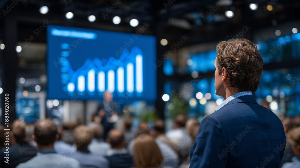 Fototapeta premium Investor pitch event at business conference, speaker presenting financial data on large screen, audience of corporate managers and investors watching attentively, professional ligh