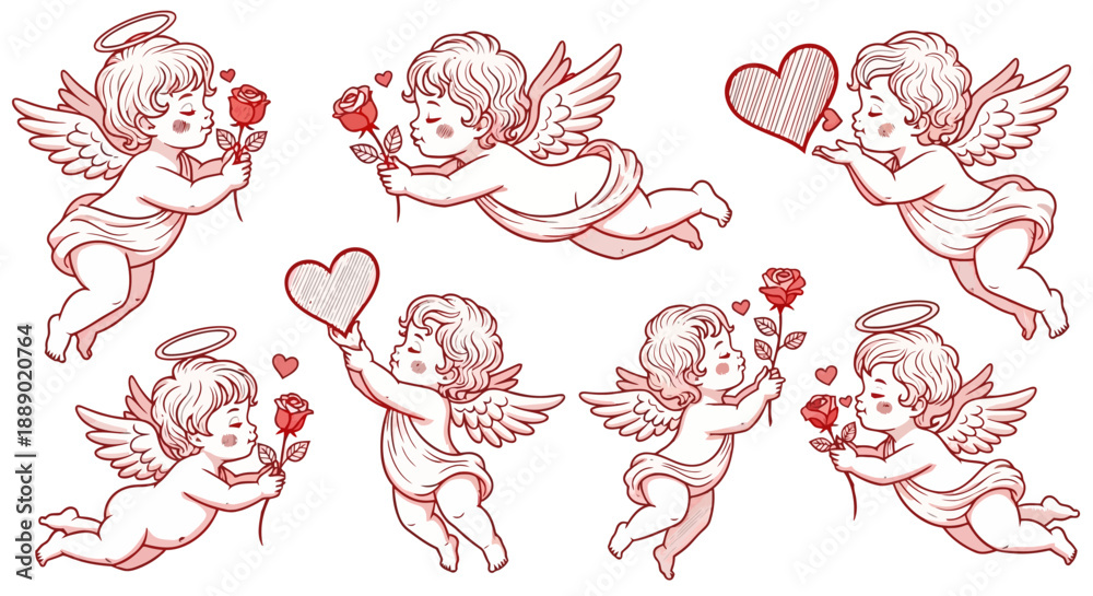 Fototapeta premium Charming Vector Collection of Cute Cherubs Holding Roses and Hearts