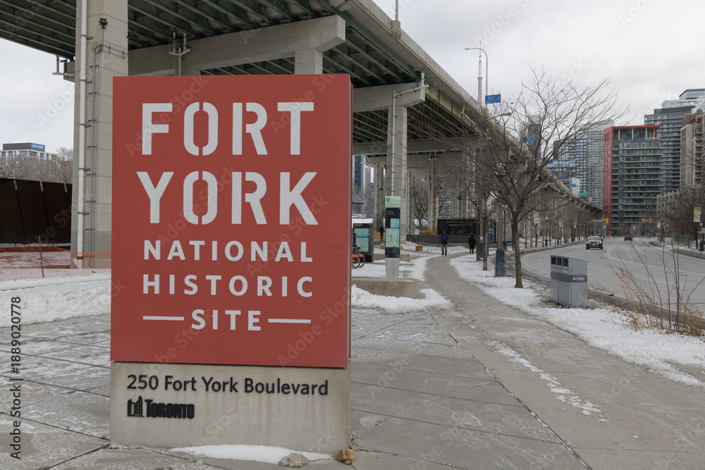 Fototapeta premium looking east on Fort York Blvd near Fort York National Historic Site, 250 Fort York Blvd, site of The Bentway beneath the elevated Gardiner Expressway, Toronto