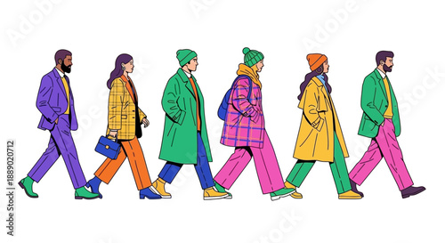 Diverse Group of People Walking in Colorful Fashionable Outfits