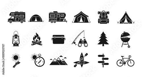 Camping and Outdoor Adventure Vector Icon Set for Recreation and Travel
