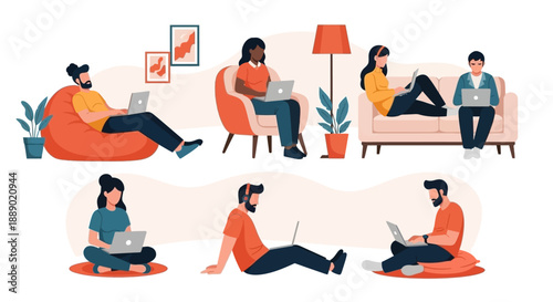 Diverse group of people working remotely with laptops in a cozy home environment