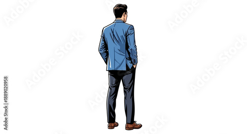 Back View of a Businessman in a Blue Suit Standing with Hands in Pockets