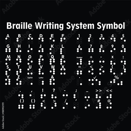 Illustration of Braille letter symbols representing the raised dot-based writing system on a black background