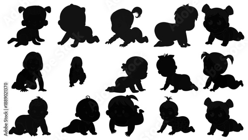 Collection of Cute Baby Silhouettes Crawling and Playing Isolated on White Background