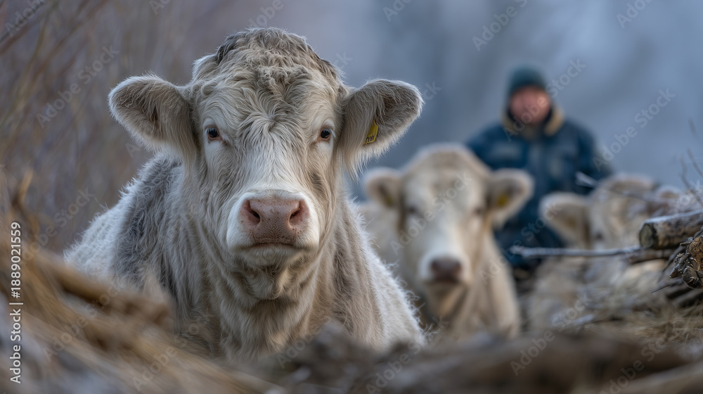 Fototapeta premium Faceless cows standing near feeding area in countryside, farmer raising and caring for livestock, winter farming scene with bare trees and frosty ground, sustainable beef industry