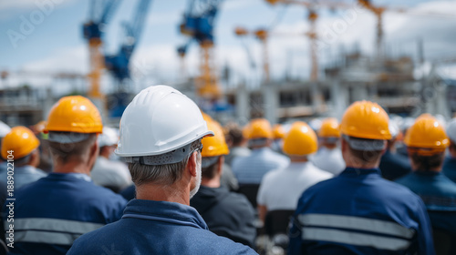 Group of faceless construction workers during safety orientation, industrial meeting outdoors on building site, professional coordination and training environment, cranes and concr