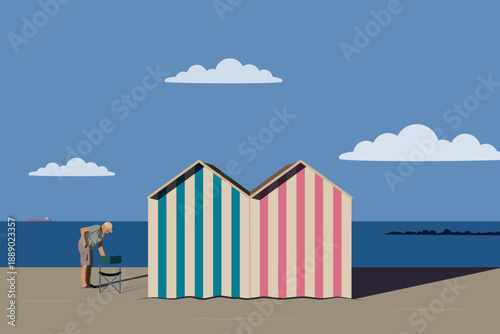Person sits on the beach near the colorful huts