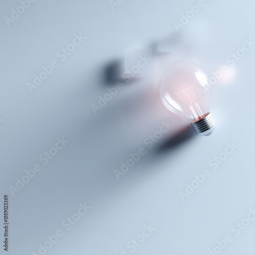 Minimal flat lay with glowing light bulb and abstract tech icons, clarifying complex ideas and innovation strategy concept, soft shadow, copy space