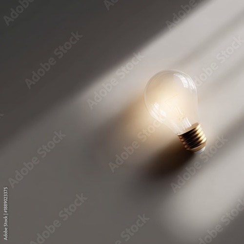 Minimal flat lay with glowing light bulb and abstract tech icons, clarifying complex ideas and innovation strategy concept, soft shadow, copy space