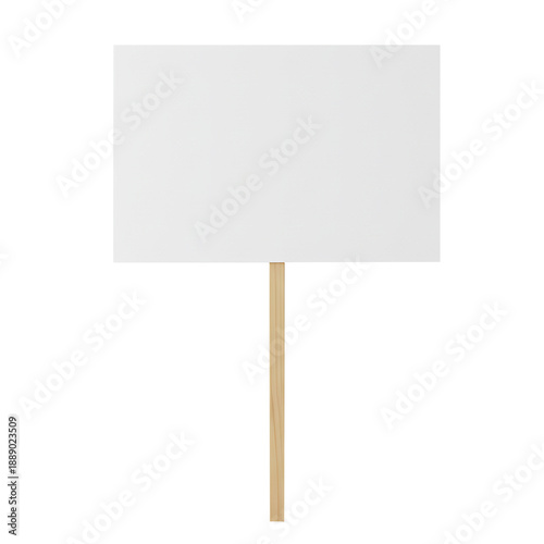 Blank white rectangular protest sign or placard on a wooden stick, isolated on white or transparent background
