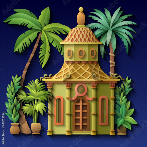 Arabic paper cut style vector illustration of ornate mosques with domes and palm trees on dark blue background. Elegant 3D design for Ramadan or travel concept.
